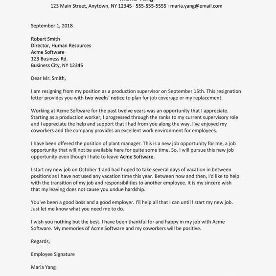 Formal resignation letter