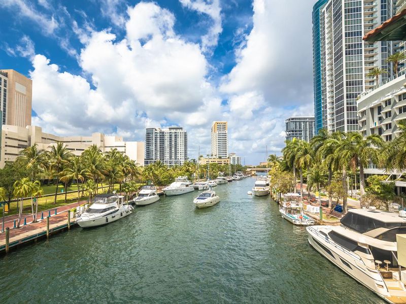 Fort Lauderdale riverwalk and yachts view, south Florida