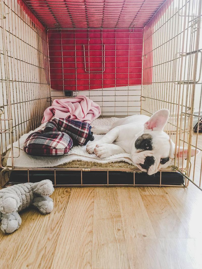 French Bulldog puppy resting inside a metal crate