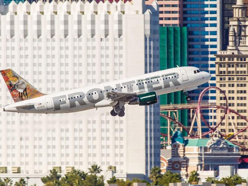 Frontier Airlines airplane takes off from McCarran Airport