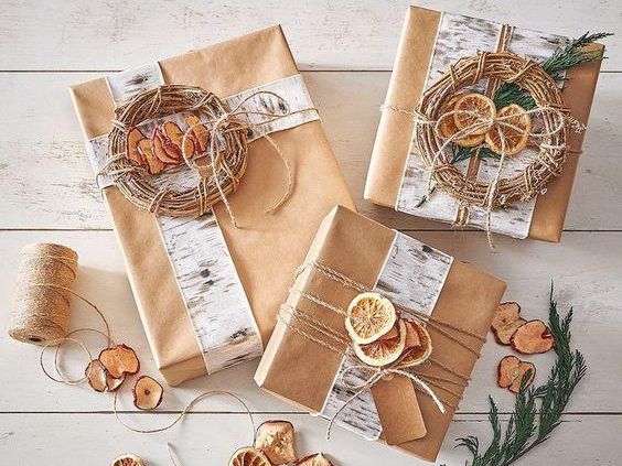 Gifts wrapped with kraft paper