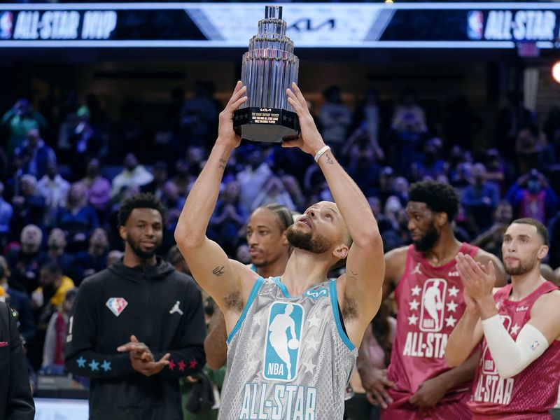Golden State Warriors' Stephen Curry looks up at Most Valuable Player trophy