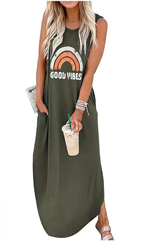 Good Vibes Rainbow Pocket Sleeveless Maxi Dress for Women