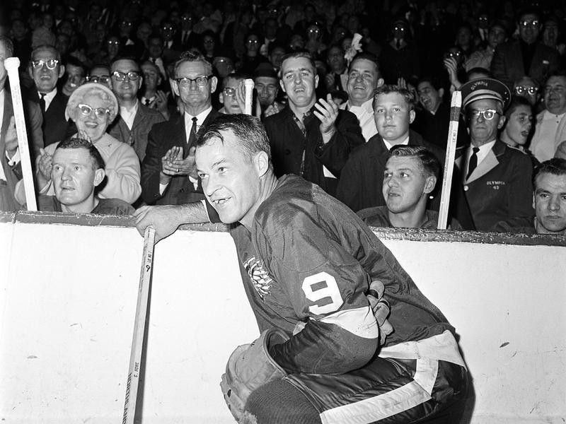 Gordie Howe on the ice with Detroit Red Wings fans