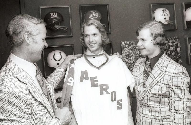 Gordie Howe with Mark and Marty after they signed to play with World Hockey Association Houston Aeros