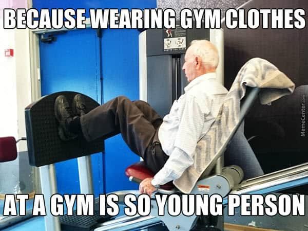 Grandpa working out in dress pants