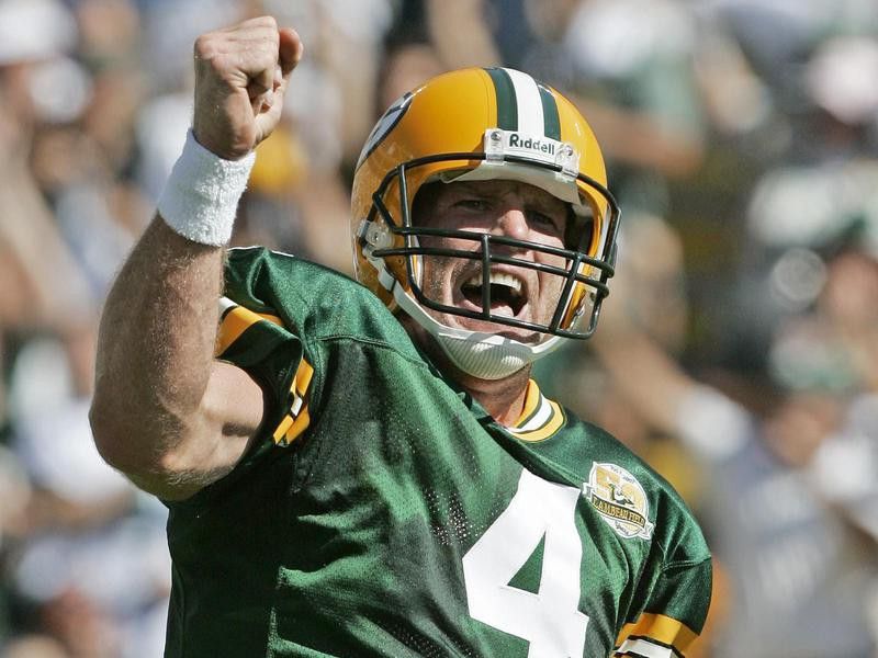 Green Bay Packers quarterback Brett Favre celebrates