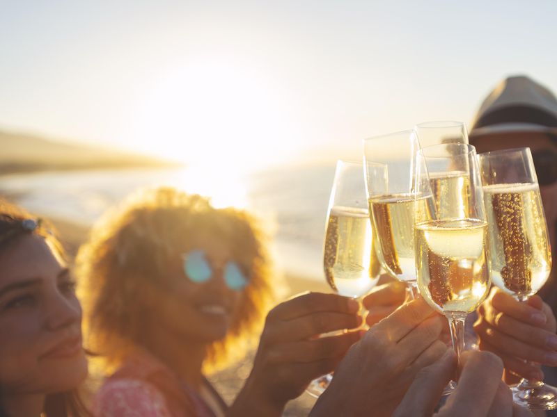 Group of friends making a champagne toast on the beach