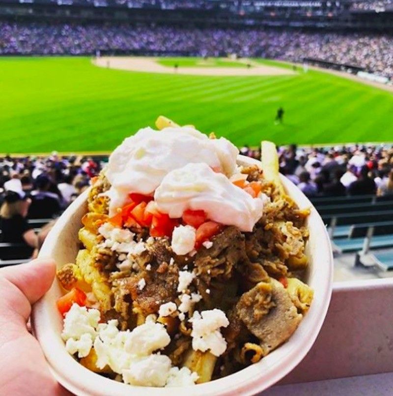 Gyro fries, a great baseball game food selection