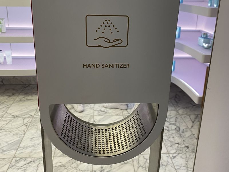 Hand sanitizer station onboard the Scarlet Lady, Virgin Voyages