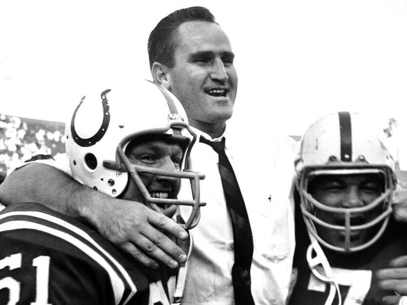 Head Coach Don Shula is lifted to the shoulders of his players as the Baltimore Colts