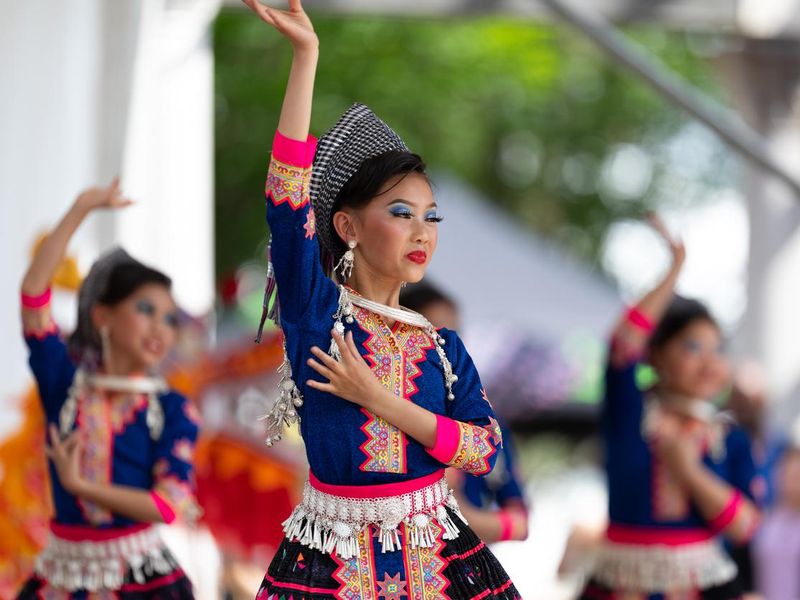 Hmong American traditional dancers in Ohio festival
