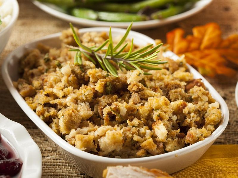 Homemade Thanksgiving stuffing in a white bowl