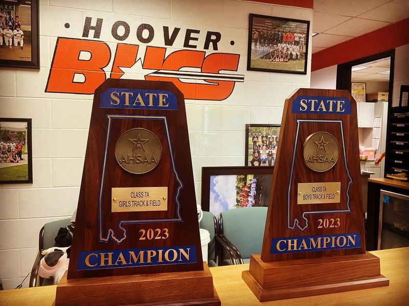 Hoover High School girls and boys track and field team 2023 Alabama state championship trophies