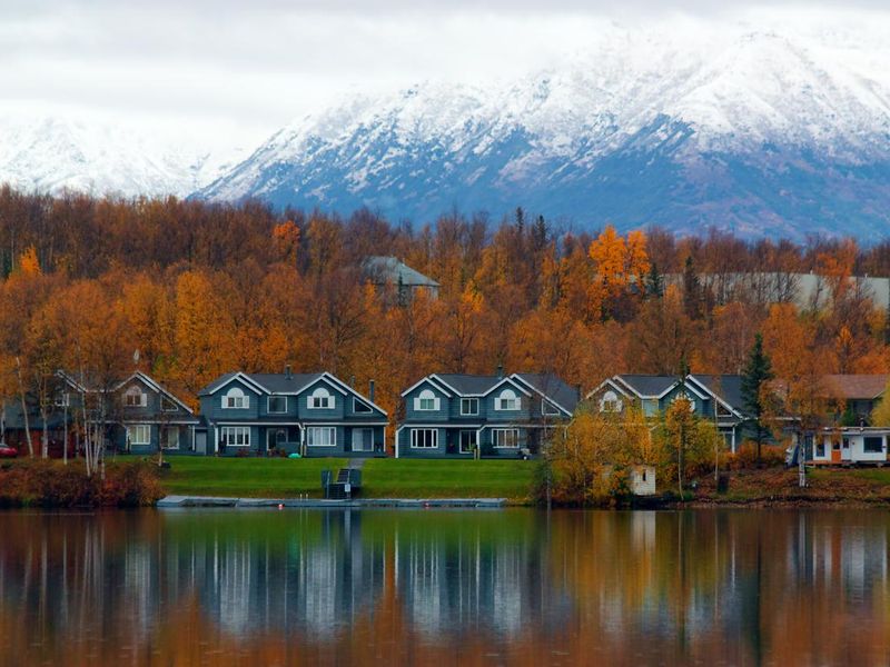 Houses on shore of lake in Wasilla, Alaska