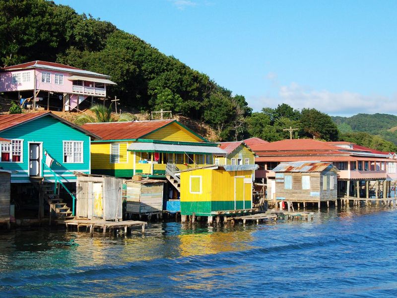 Houses on the coast of Roatan, Honduras