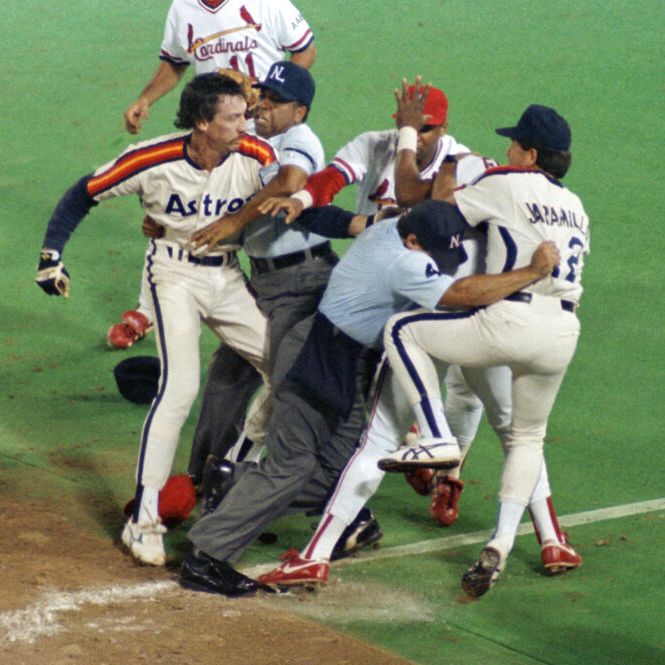 Houston Astros pitcher Danny Darwin in a fight against the St. Louis Cardinals