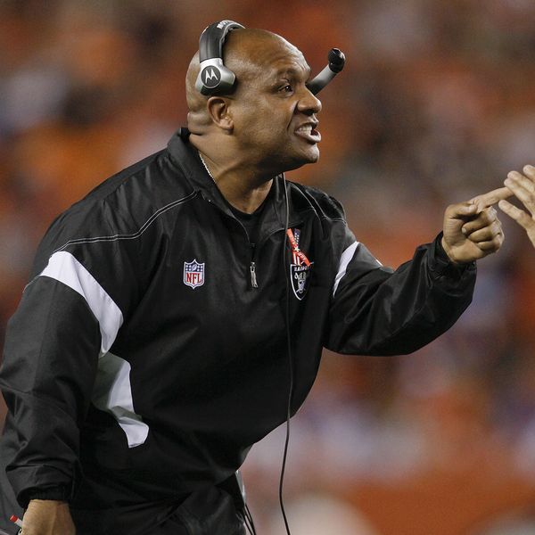 Oakland Raiders coach Hue Jackson comments to the referee in the second quarter of an NFL football game against the Denver Broncos, Monday, Sept. 12, 2011, in Denver. (AP Photo/Joe Mahoney)