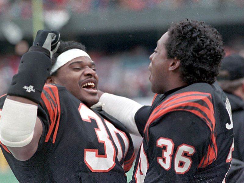 Ickey Woods and Stanford Jennings celebrate
