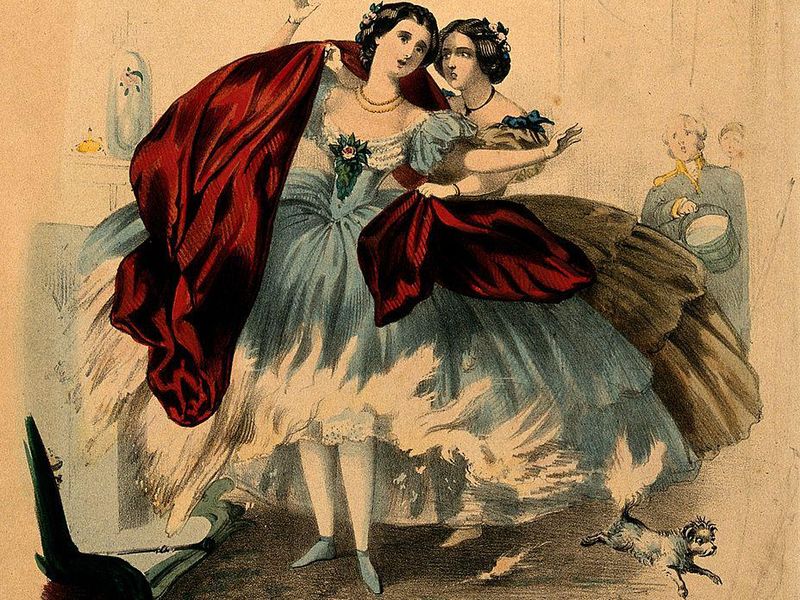illustration of a crinoline skirt on fire