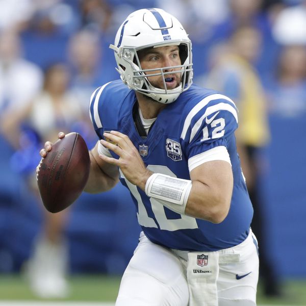 Indianapolis Colts quarterback Andrew Luck looks to throw during the first half of an NFL football game against the Houston Texans, Sunday, Sept. 30, 2018, in Indianapolis. (AP Photo/Michael Conroy)