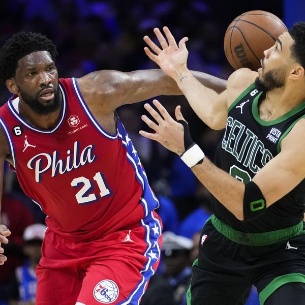 Boston Celtics' Jayson Tatum, right, steals the ball from Philadelphia 76ers' Joel Embiid, left, during the second half of Game 3 in an NBA basketball Eastern Conference semifinals playoff series, Friday, May 5, 2023, in Philadelphia. (AP Photo/Matt Slocum)
