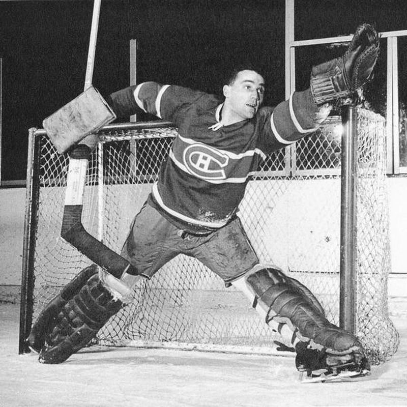 Goalie Rogie Vachon of the Detroit Red Wings defends the net