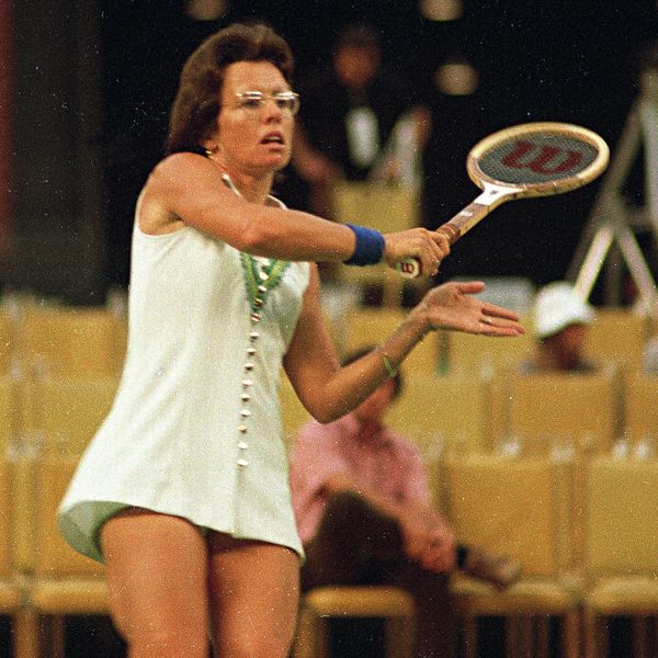 Billie Jean King watches her return to Bobby Riggs in the "Battle of the Sexes" match at the Houston Astrodome, Sept. 20, 1973. Billie Jean King accepted the challenge of Bobby Riggs and beat him with a 6-4, 6-3, 6-3 wipeout that was a bold statement for a whole generation of women. (AP Photo)