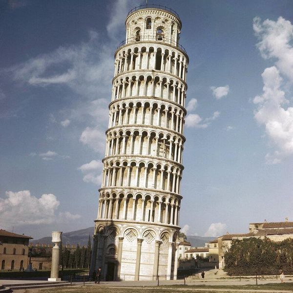 The Leaning Tower of Pisa in Pisa, Italy, April 1953, properly called the Campanile, is 181 feet high, and its inclination, southeast, is 15 feet, having increased by one foot in the last century. Galileo made use of the tower in his studies of the law of gravitation. The Tower was built between 1174 and 1350. (AP Photo)