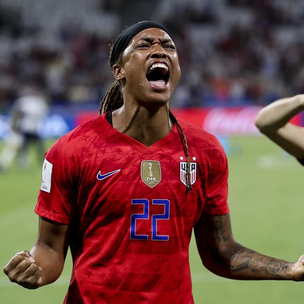 FILE - United States' Jessica McDonald celebrates the team's win in the Women's World Cup semifinal soccer match against England, at Stade de Lyon outside Lyon, France, July 2, 2019. McDonald was traded across six teams in her first five years as a single parent, making it difficult to find, let alone afford, child care in new cities. She and her then-8-month-old son were often forced to share a hotel room with a teammate and sometimes she had no choice but to bring him with her to practice. (AP Photo/Francisco Seco, File)
