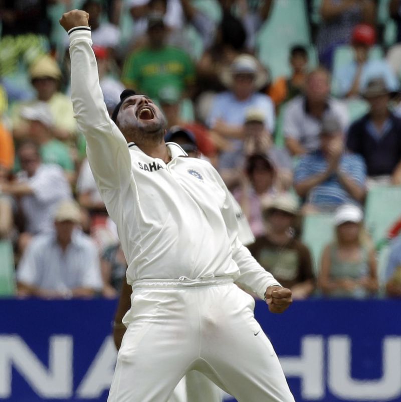 India's bowler Harbhajan Singh celebrates