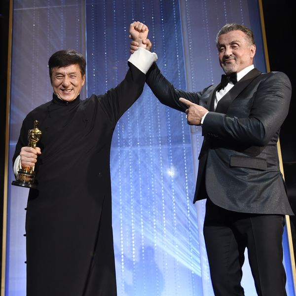Honoree Jackie Chan, left, is joined onstage by Sylvester Stallone at the 2016 Governors Awards at the Dolby Ballroom on Saturday, Nov. 12, 2016, in Los Angeles. (Photo by Chris Pizzello /Invision/AP)