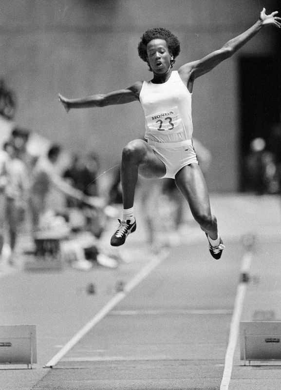 Jackie Joyner competes in the women's long jump event at the 1984 Tokyo International Track and Field Indoor Meet