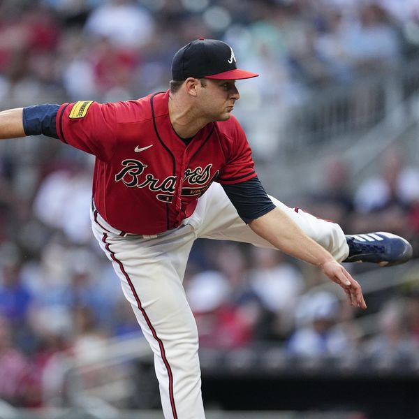 Atlanta Braves starting pitcher Jared Shuster works in the third inning of a baseball game against the Colorado Rockies, Friday, June 16, 2023, in Atlanta. (AP Photo/John Bazemore)