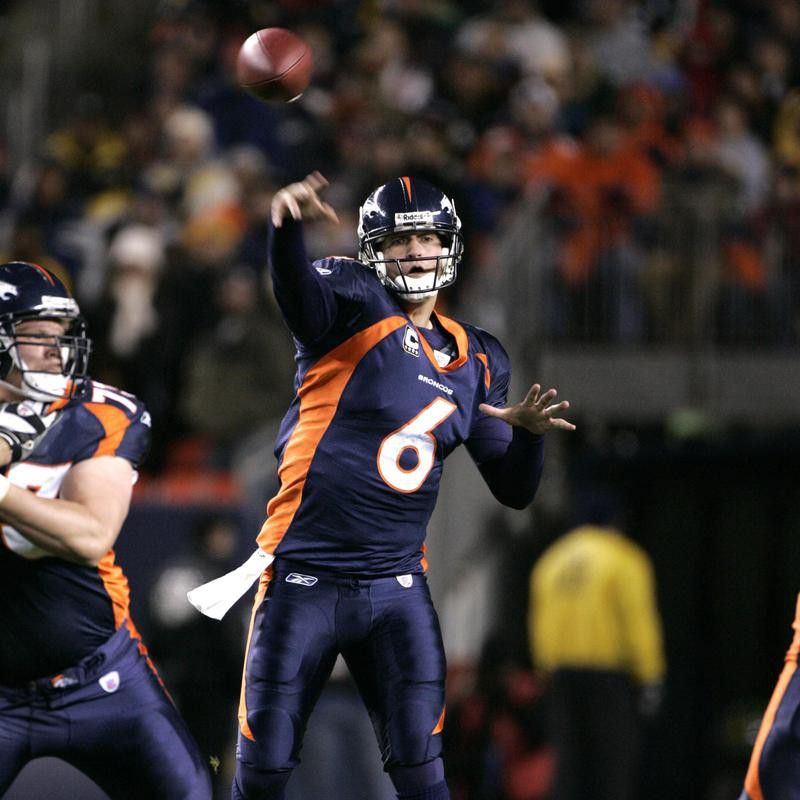 Jay Cutler of the Denver Broncos throws against the Pittsburgh Steelers
