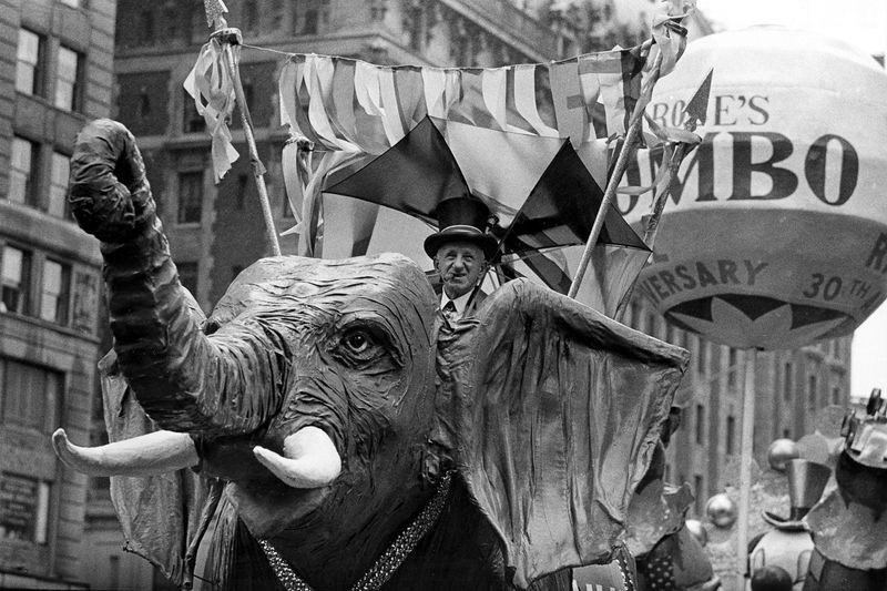 Jimmy Durante riding elephant in 1962 Macy's Parade