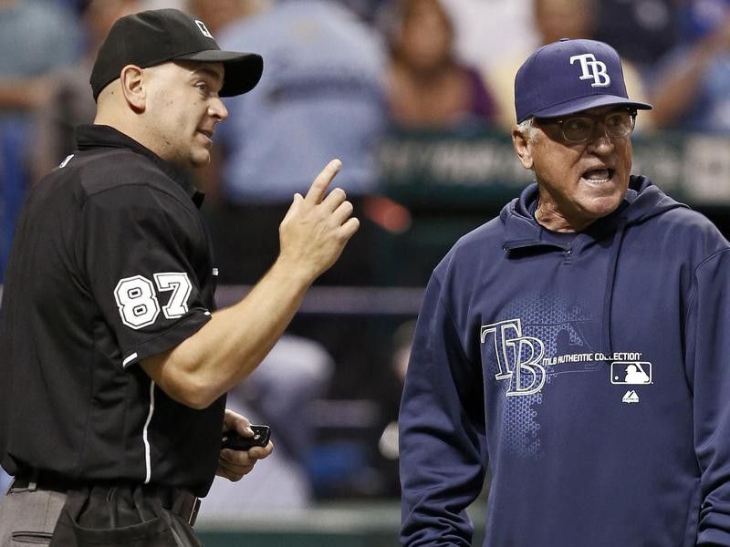 Joe Maddon argues with home plate umpire