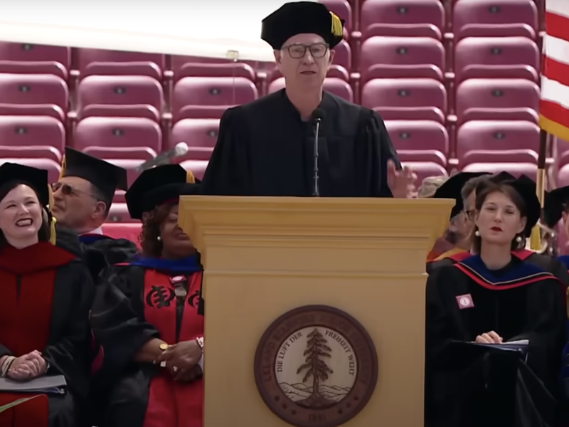 John McEnroe speaking at Stanford University's 2023 commencement ceremony
