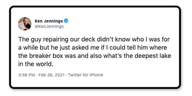 Ken Jennings making a Jeopardy joke on Twitter