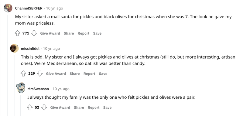 Kid asked Santa for pickles and black olives