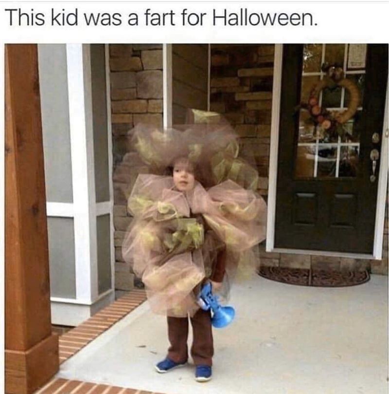 Kid dressed like a fart for Halloween