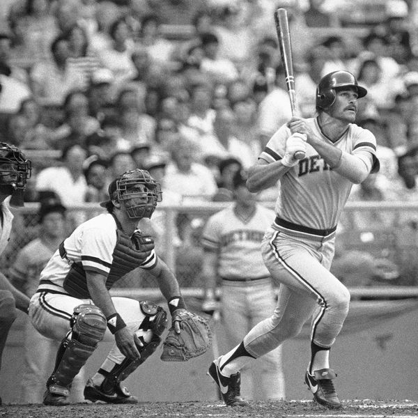 Detroit Tigers slugger Kirk Gibson watches the baseball clear the right field fence at Cleveland Stadium at night on Monday, July 24, 1984 in Cleveland for a first inning home run. Gibson?s blast, his 15th of the season, drove in teammate Lou Whitaker to pace Detroit to a 4-1 win over the Indiana. (AP Photo/Mark Duncan)