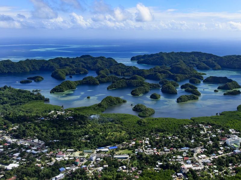 Koror City, Palau, and islands in the cove