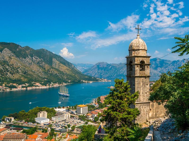 Kotor Cruise Port and Lake and Bell tower, Montenegro, Europe