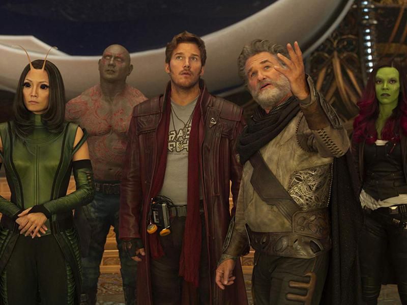 Kurt Russell, Chris Pratt, Zoe Saldana, Dave Bautista, and Pom Klementieff in Guardians of the Galaxy Vol. 2 (2017)