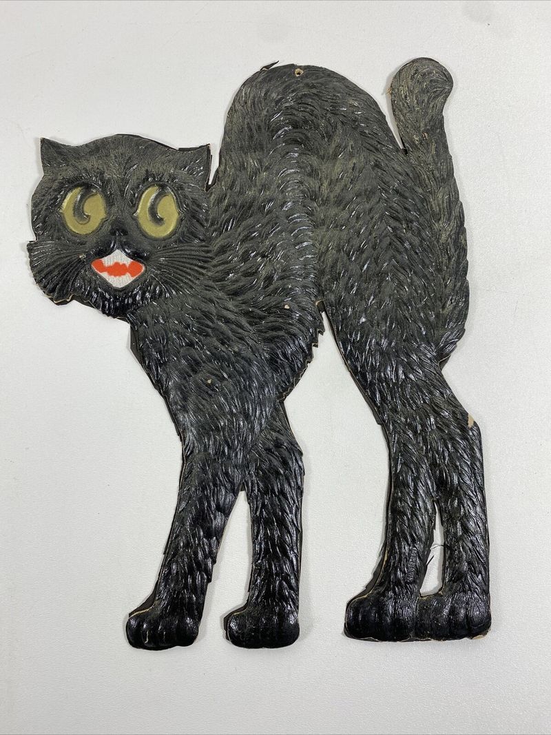 Large Antique German Embossed Black Cat Halloween Decoration