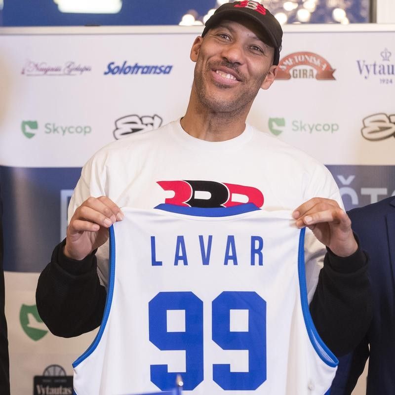LaVar Ball poses with Lithuanian BC Prienai shirt