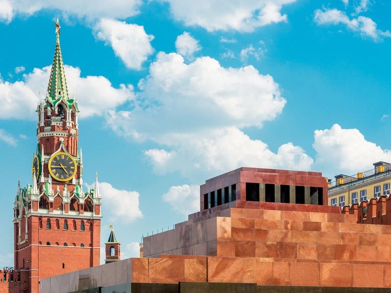 Lenin Mausoleum and Spasskaya Tower Red Square Moscow Russia