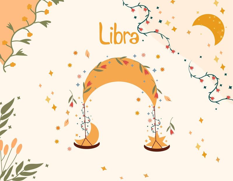Libra zodiac sign. Bright banner with Libra, moon, stars, flowers, and leaves. Astrological sign of the zodiac. Vector illustration.