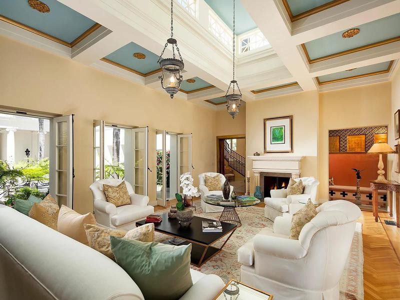 Living room with blue ceilings